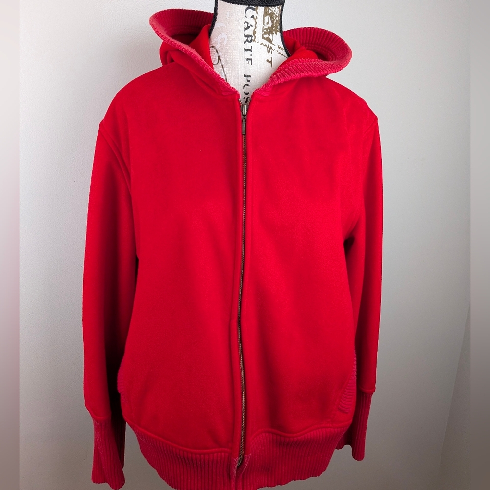 Jones New York Sport Red Microsuede Hooded Zip Jacket L 90's Y2K